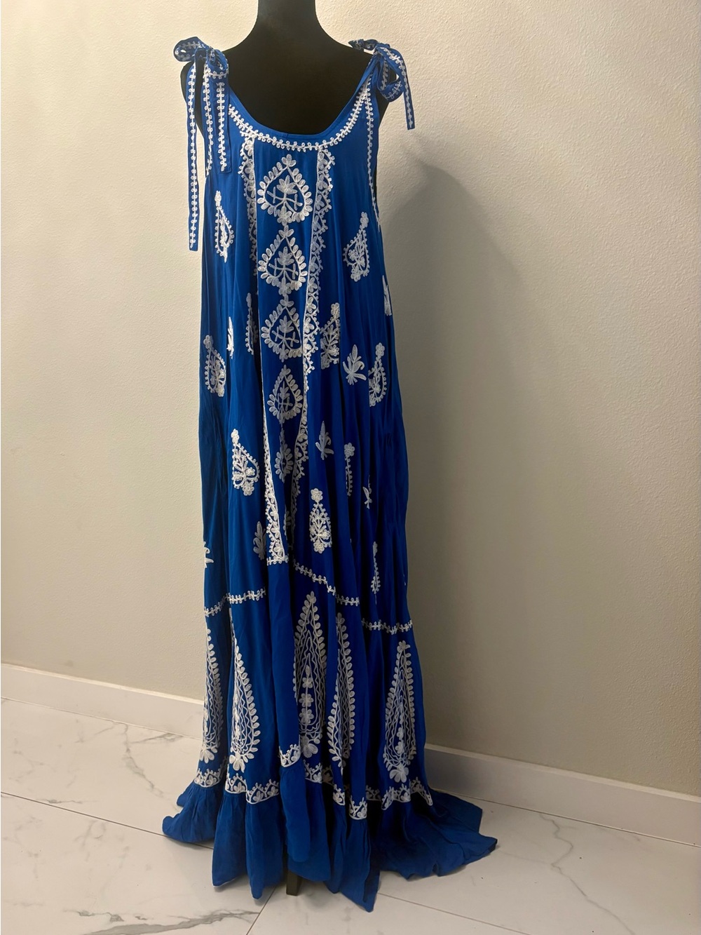 PRANELLA Blue Embroidered Tie-Shoulder Maxi Dress - Picture 2 of 12